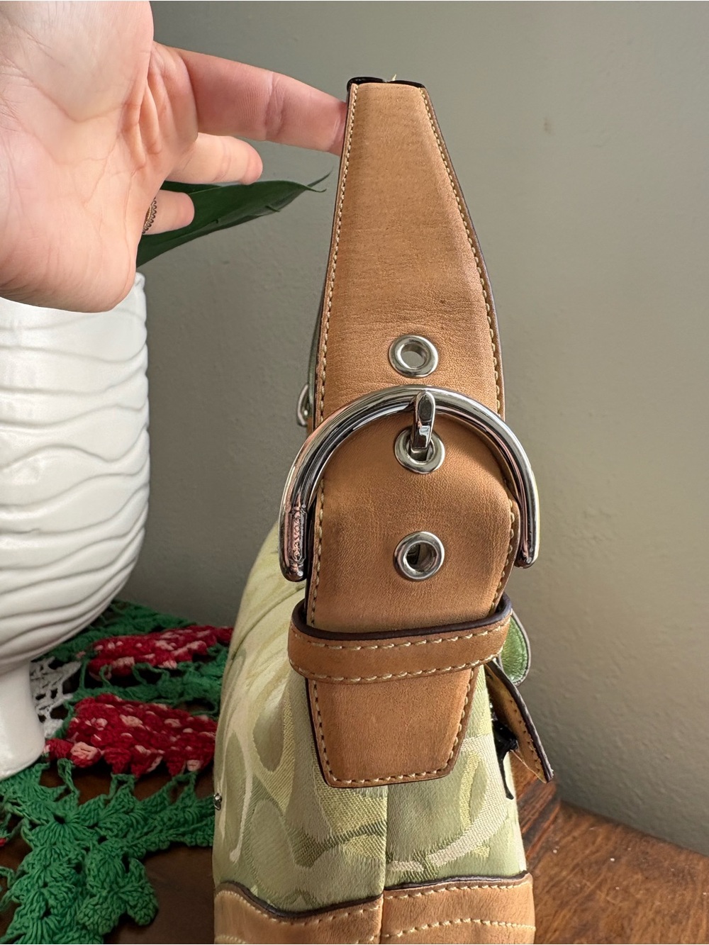 COACH Ladybug Shoulder Bag Green Canvas Leather Hobo Bag Signature 6723 - Picture 9 of 17
